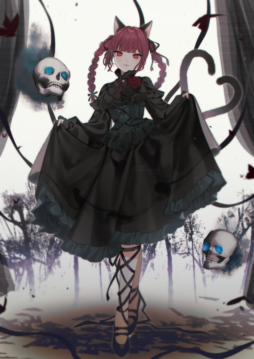 1girl :3 absurdres animal_ears black_dress black_flower black_footwear black_ribbon black_rose braid cat_ears cat_girl cat_tail closed_mouth corset curtains daimaou_ruaeru dress flower frilled_corset frilled_dress frills full_body hair_ribbon heart heart_tail highres kaenbyou_rin leg_ribbon long_hair long_sleeves looking_at_viewer multiple_tails red_eyes red_flower red_rose ribbon rose shoes skirt_hold skull smile solo tail touhou twin_braids two_tails