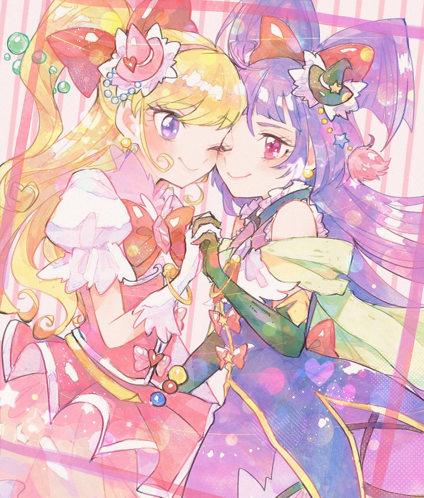 2girls asahina_mirai black_gloves black_headwear blonde_hair cure_magical cure_miracle elbow_gloves gloves half_updo hat highres holding_hands itomugi-kun izayoi_liko long_hair magical_girl mahou_girls_precure! mini_hat mini_witch_hat multiple_girls one_eye_closed pink_eyes pink_headwear precure purple_hair violet_eyes white_gloves witch_hat