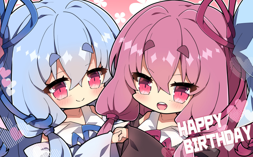 2girls :d bare_shoulders blue_dress blue_hair blue_sleeves blush brown_dress brown_sleeves chibi closed_mouth commentary_request detached_sleeves dress floral_background hair_between_eyes happy_birthday heart highres kotonoha_akane kotonoha_aoi long_sleeves milkpanda multiple_girls pink_hair red_background red_eyes short_eyebrows siblings sisters sleeveless sleeveless_dress smile teeth thick_eyebrows upper_teeth_only voiceroid wide_sleeves