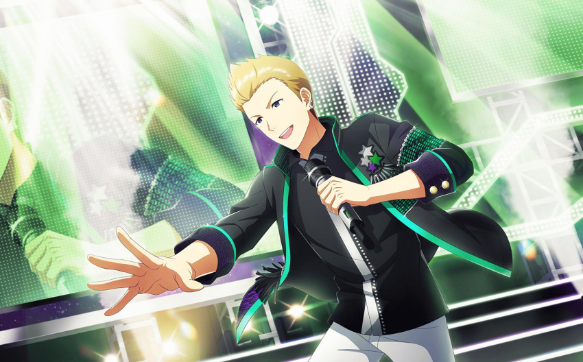 1boy blonde_hair blue_eyes collared_shirt highres holding holding_microphone idolmaster idolmaster_side-m idolmaster_side-m_live_on_stage! ijuuin_hokuto jacket male_focus microphone official_art open_clothes open_jacket open_mouth palms shirt smile solo stage_lights teeth upper_teeth_only