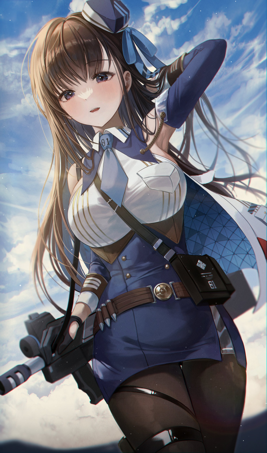 1girl absurdres arm_up armpits bare_shoulders belt black_pantyhose breasts brown_hair detached_sleeves floating_hair goddess_of_victory:_nikke hair_tucking hand_in_own_hair hat highres holster jacket large_breasts long_hair looking_at_viewer marian_(nikke) military military_hat military_uniform myowa necktie pantyhose pouch sleeveless solo thigh_holster uniform violet_eyes weapon weapon_on_back white_jacket