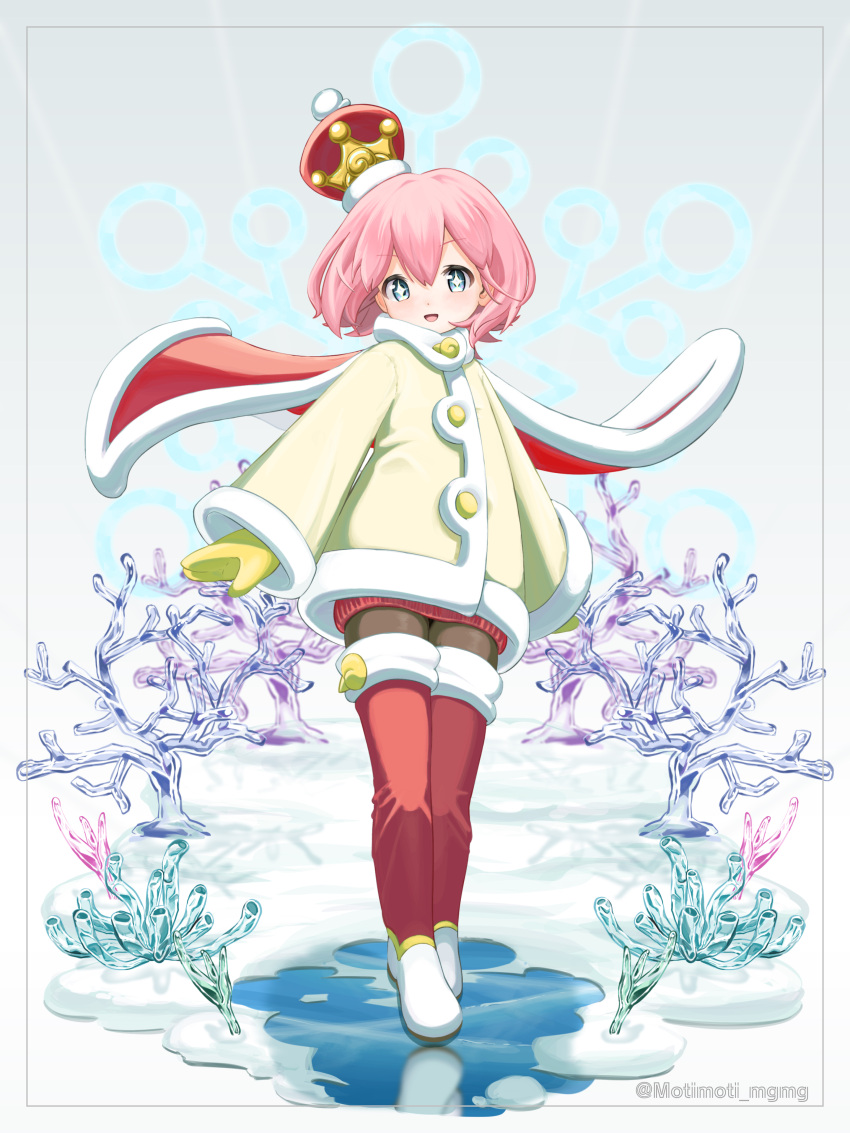 +_+ 1boy :d absurdres artist_name boots cape coat coral crown full_body highres medium_hair motimoti_mgmg ocean_prince pink_hair puyopuyo puyopuyo_quest red_footwear reflection smile solo standing thigh_boots tilted_headwear yellow_mittens