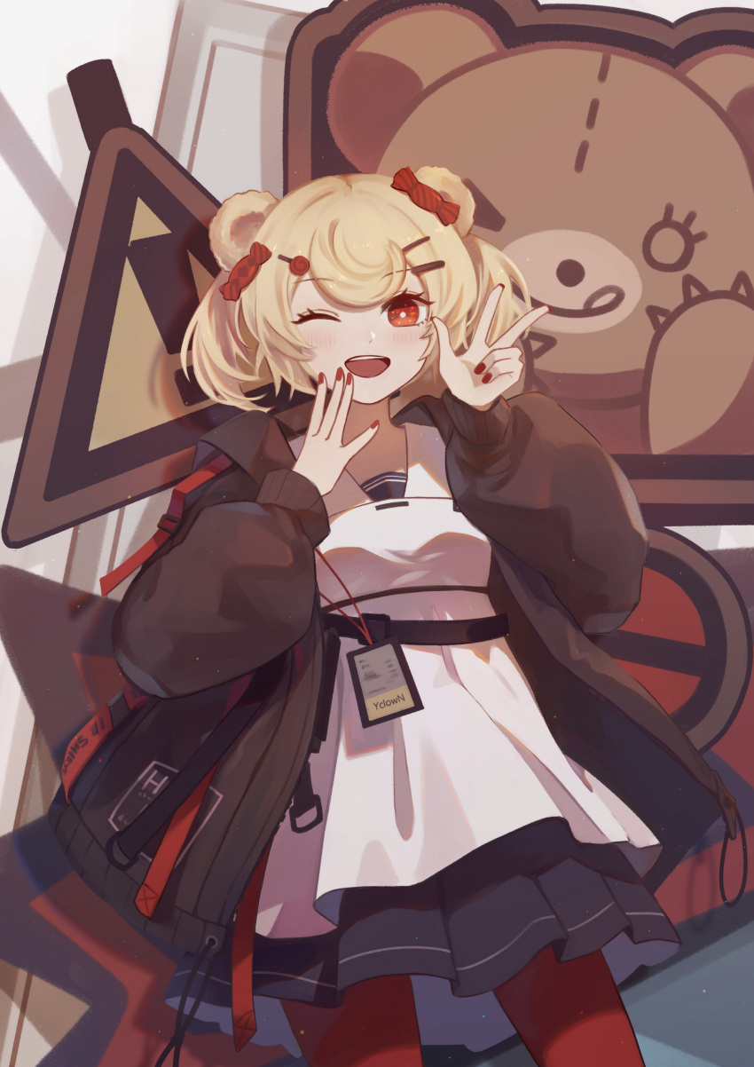1girl ;d absurdres animal_ears arknights artist_name bear_ears black_jacket black_skirt blonde_hair bright_pupils candy_hair_ornament chinese_commentary commentary_request cowboy_shot dress fingernails food-themed_hair_ornament gummy_(arknights) hair_ornament hands_up highres id_card jacket looking_at_viewer nail_polish one_eye_closed open_clothes open_jacket open_mouth red_eyes red_nails red_thighhighs road_sign short_hair sign skirt smile soel-yclown solo teeth thigh-highs upper_teeth_only w white_dress white_pupils