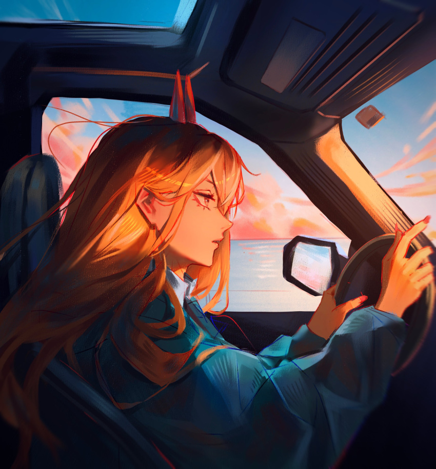 1girl absurdres blue_jacket car car_interior chainsaw_man clouds cloudy_sky collared_shirt demon_girl demon_horns driving fingernails from_side highres horns jacket kozzz_y long_hair long_sleeves looking_afar motor_vehicle ocean orange_hair parted_lips power_(chainsaw_man) puffy_sleeves shirt sitting sky solo steering_wheel sunset upper_body white_shirt