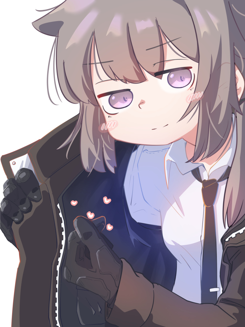 1girl absurdres black_gloves black_necktie blush_stickers brown_jacket closed_mouth commentary dress_shirt finger_heart girls_frontline gloves hair_over_shoulder heart hexaa highres jacket jitome leaning_forward light_brown_hair long_hair looking_at_viewer loose_necktie low_ponytail m200_(girls'_frontline) messy_hair necktie open_clothes open_jacket popped_collar shirt smile solo tie_clip upper_body v-shaped_eyebrows violet_eyes white_background white_shirt