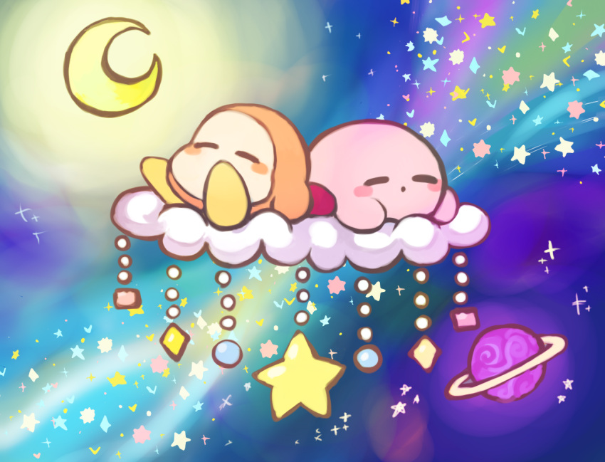 2others blush_stickers closed_eyes clouds crescent_moon dot_mouth kinuyo_(kinuxi) kirby kirby_(series) moon multiple_others no_humans on_cloud saturn_(planet) sleeping space star_(sky) star_(symbol) waddle_dee