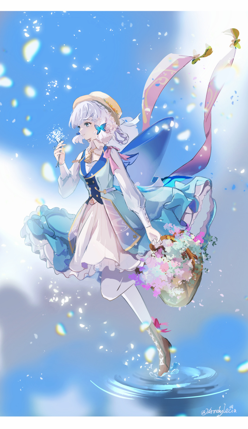 1girl absurdres andylecia ankle_boots basket blue_dress blue_eyes blue_hair blunt_bangs blunt_tresses boots braid brown_footwear dress flower genshin_impact highres holding holding_basket kamisato_ayaka kamisato_ayaka_(springbloom_missive) light_blue_hair long_sleeves mole mole_under_eye pantyhose parted_lips puffy_long_sleeves puffy_sleeves smile solo white_pantyhose