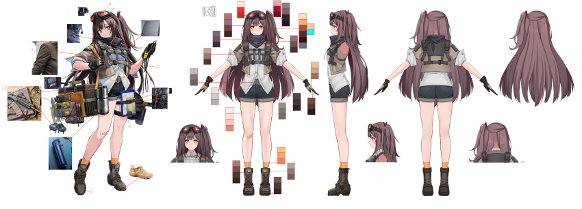 1girl absurdres bandaid bandaid_on_knee bandaid_on_leg belt_buckle black_shorts boots brown_hair buckle charm_(object) clipboard color_guide concept_art cropped_jacket dinergate_(girls'_frontline) expressionless full_body girls'_frontline_2:_exilium girls_frontline gloves goggles goggles_on_head highres jacket long_hair mayling_shen_(girls'_frontline_2) mole mole_under_eye multiple_views official_art one_side_up orange_eyes orange_socks pliers reference_sheet shirt shorts simple_background sleeves_rolled_up socks standing thermos toolbox tools turnaround very_long_hair wanzi_chi_baozi white_background white_shirt