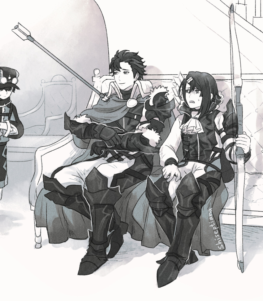 3boys alcryst_(fire_emblem) armor arrow_(projectile) ascot bow_(weapon) closed_mouth diamant_(fire_emblem) father_shot_by_son_(meme) fire_emblem fire_emblem_engage fur_trim greyscale hair_ornament hairclip hat high_collar highres holding holding_bow_(weapon) holding_weapon jean_(fire_emblem) meme monochrome multiple_boys shiseptiana short_hair shoulder_armor sitting sitting_on_bench weapon white_ascot