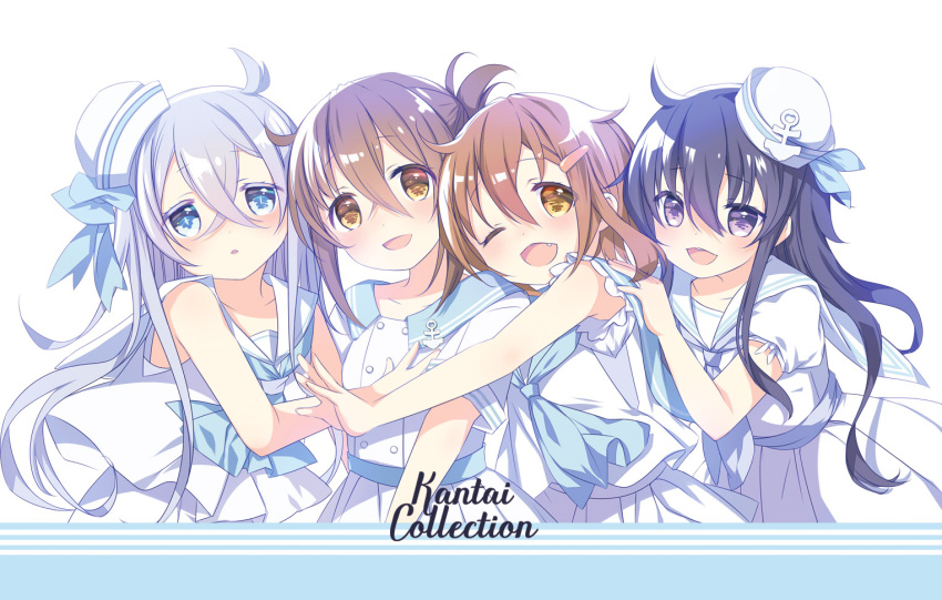 akatsuki_(kancolle) alternate_costume anchor_ornament anniversary black_hair blue_eyes brown_eyes brown_hair copyright_name dixie_cup_hat dress folded_ponytail grey_hair hat hibiki_(kancolle) hinayuki_usa ikazuchi_(kancolle) inazuma_(kancolle) kantai_collection long_hair military_hat sailor_collar sailor_dress sailor_shirt shirt short_hair sleeveless sleeveless_shirt smile violet_eyes white_dress white_headwear white_sailor_collar