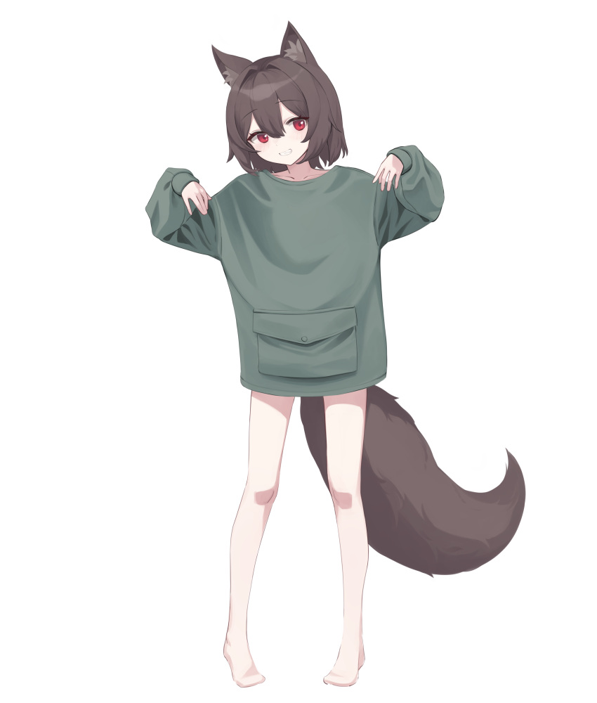 1girl absurdres animal_ear_fluff animal_ears bare_legs barefoot brown_hair ellu green_sweater grin highres long_sleeves looking_at_viewer no_pants original red_eyes short_hair simple_background smile sweater tail white_background