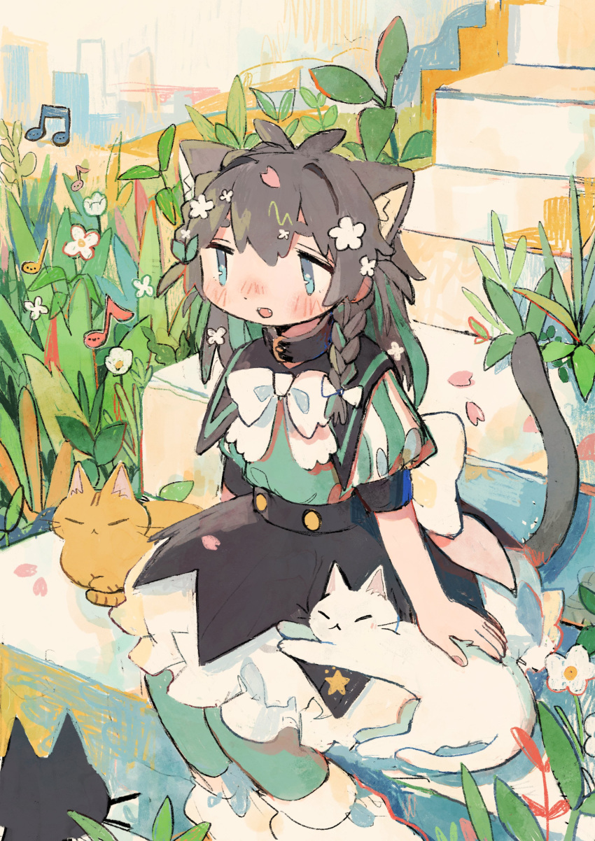 1girl absurdres animal_ears black_cat black_skirt blue_eyes blush braid brown_hair buttons cat cat_ears cat_girl cat_tail commentary_request commission day feet_out_of_frame flower green_hair green_pantyhose green_shirt hair_flower hair_ornament high-waist_skirt highres indie_virtual_youtuber koeda_(vtuber) leaf long_hair loose_socks mamei_mema multicolored_hair music musical_note open_mouth orange_cat outdoors pantyhose plant puffy_short_sleeves puffy_sleeves second-party_source shirt short_sleeves side_braid singing sitting sitting_on_stairs skeb_commission skirt socks solo stairs streaked_hair tail two-tone_hair white_cat white_flower white_skirt white_socks