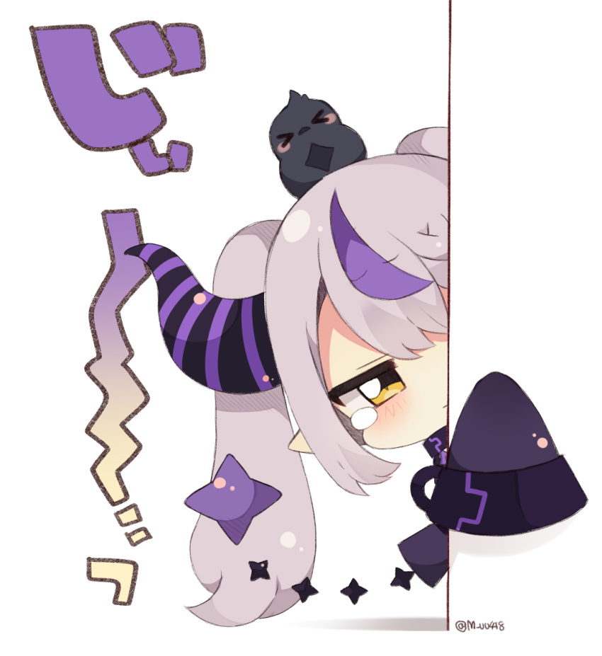 &gt;_&lt; 1girl black_dress blush blush_stickers chibi closed_eyes closed_mouth commentary_request crow_(la+_darknesss) dress grey_hair hair_between_eyes hololive la+_darknesss long_hair long_sleeves looking_at_viewer multicolored_hair muuran peeking_out purple_hair shadow simple_background sleeves_past_fingers sleeves_past_wrists streaked_hair tears translation_request twintails twitter_username very_long_hair virtual_youtuber white_background yellow_eyes