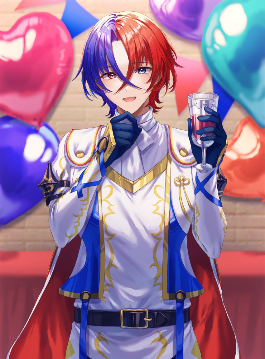 1boy alear_(fire_emblem) alear_(male)_(fire_emblem) balloon belt black_gloves blue_eyes blue_hair buckle cup drinking_glass fire_emblem fire_emblem_engage gloves gold_trim heart_balloon highres holding long_sleeves looking_at_viewer multicolored_hair open_mouth red_eyes redhead short_hair smile solo tomo_shirasu two-tone_hair wine_glass