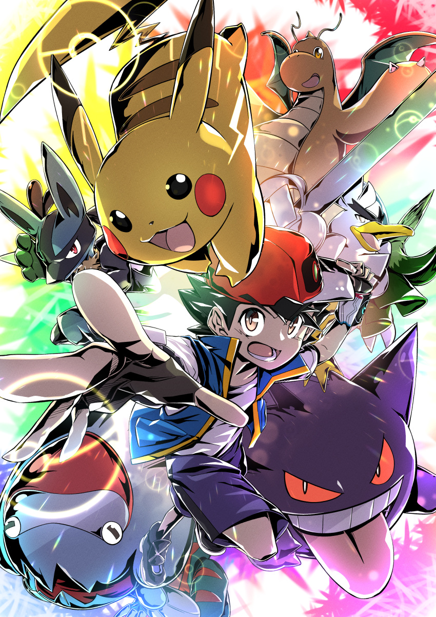 1boy :3 :d absurdres ash_ketchum baseball_cap beak bird black_hair blue_jacket blue_shorts blush_stickers brown_eyes claws colored_sclera dracovish dragon dragonite duck fingerless_gloves food foreshortening gengar ghost gloves grin hat highres holding holding_food holding_shield holding_spring_onion holding_vegetable jacket kakashino_kakato looking_at_viewer lucario open_mouth pikachu pokemon pokemon_(anime) pokemon_(creature) red_eyes red_headwear red_sclera shield shirt shoes short_hair shorts sirfetch'd sleeveless sleeveless_duster sleeveless_jacket smile sneakers spikes spiky_hair spring_onion t-shirt teeth tongue tongue_out unibrow v-shaped_eyebrows vegetable weapon white_shirt yellow_fur