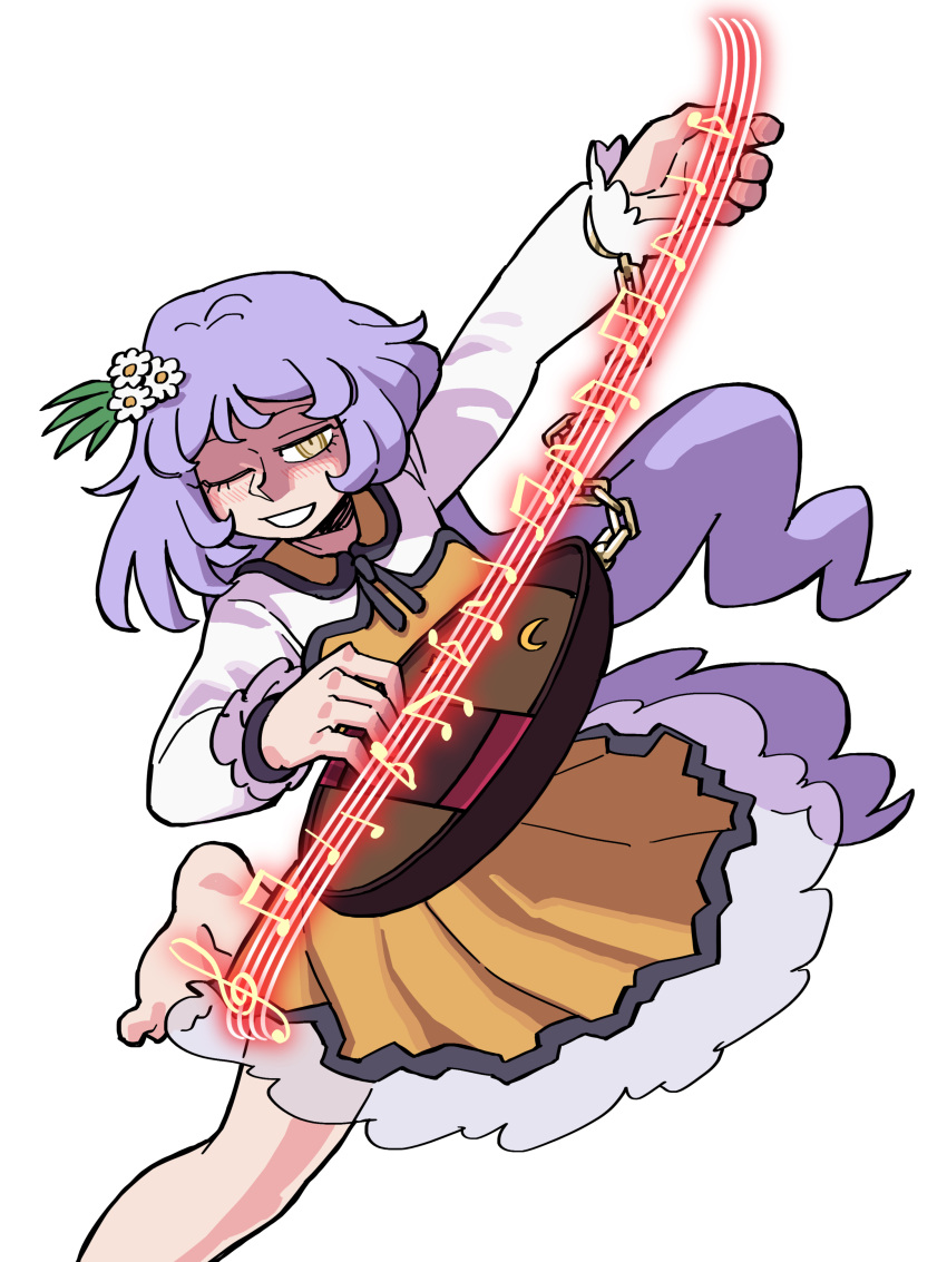 1girl absurdres barefoot beamed_eighth_notes biwa_lute chain dress eddybird55555 eighth_note flower hair_flower hair_ornament highres instrument long_hair long_sleeves lute_(instrument) musical_note one_eye_closed purple_hair quarter_note smile solo touhou treble_clef tsukumo_benben vanripper_(style) very_long_hair white_background white_flower white_sleeves yellow_dress yellow_eyes