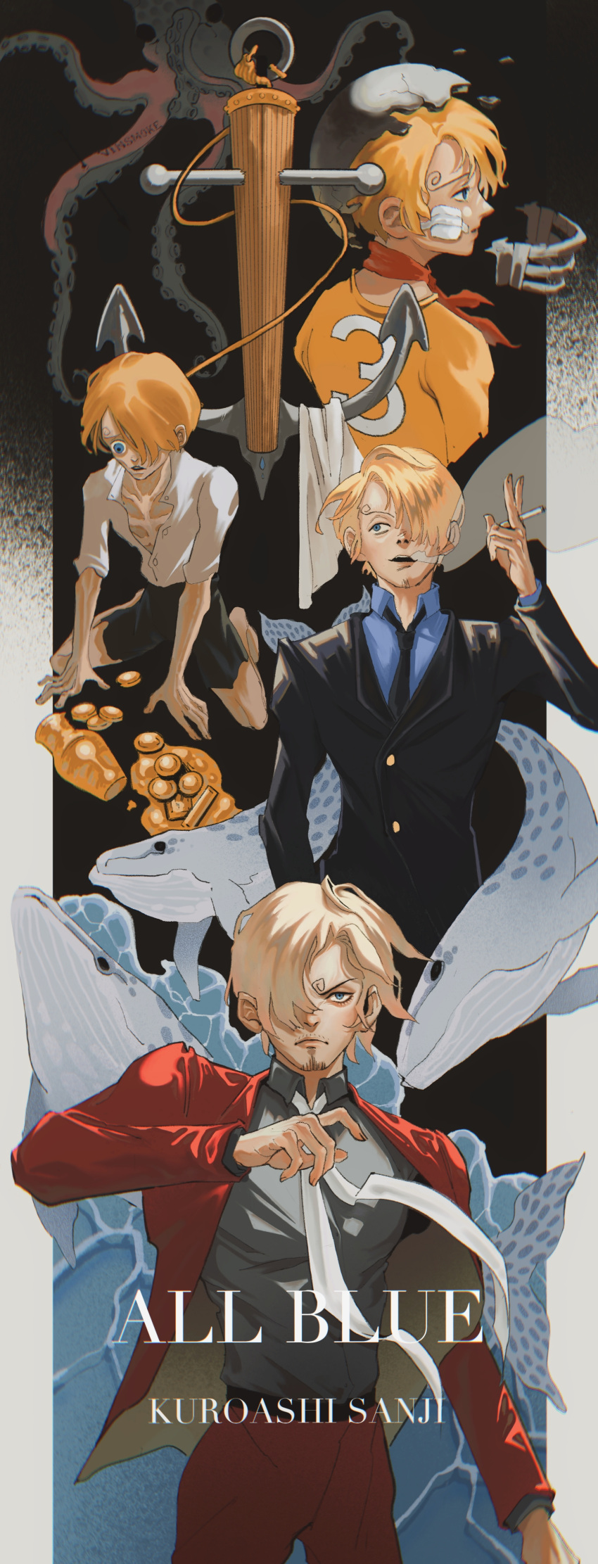 1boy absurdres age_progression animal asymmetrical_bangs blonde_hair character_name cigarette closed_mouth curly_eyebrows english_text formal hair_over_one_eye highres holding holding_cigarette looking_at_viewer male_focus moriechoir233 one_piece open_mouth sanji_(one_piece) suit whale