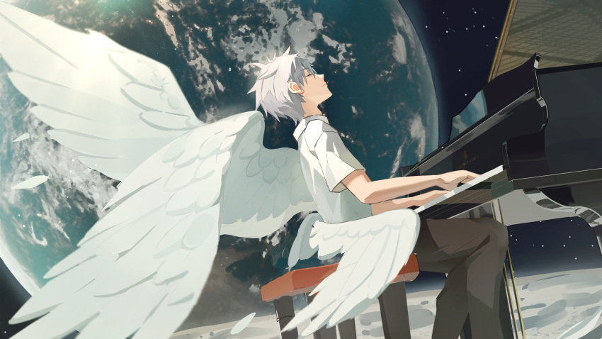 1boy absurdres angel_wings black_pants blurry closed_eyes closed_mouth collared_shirt commentary depth_of_field dutch_angle earth_(planet) feathered_wings feathers feet_out_of_frame from_side grey_hair highres instrument kuhakuyoi male_focus multiple_wings music nagisa_kaworu neon_genesis_evangelion on_chair on_moon pants piano piano_bench planet playing_instrument playing_piano profile rebuild_of_evangelion reflection school_uniform shirt short_hair short_sleeves sitting solo space star_(sky) steinway_&amp;_sons white_feathers white_hair white_wings wings wings_through_clothes
