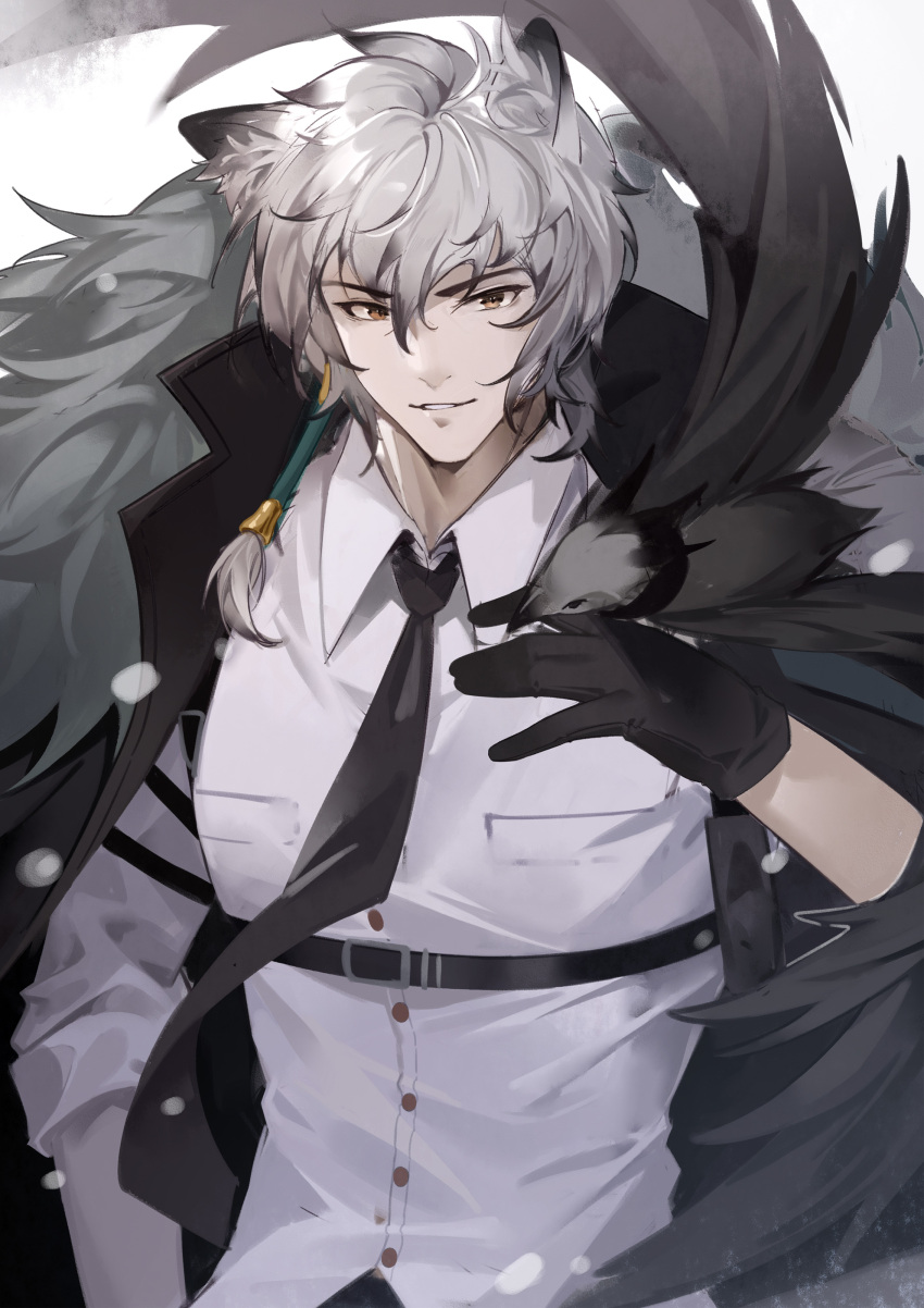 1boy absurdres animal_ears arknights bird black_cape black_gloves black_necktie cape collared_shirt commentary_request gloves grey_hair hair_between_eyes hand_up highres leopard_ears long_hair looking_at_viewer male_focus necktie parted_lips shirt silverash_(arknights) smile solo tail upper_body white_shirt woodylixx yellow_eyes