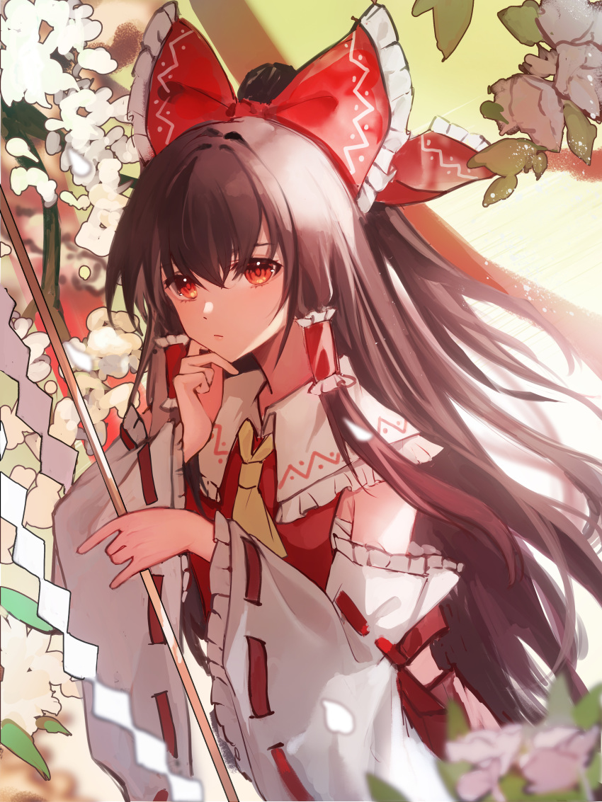 1girl :/ absurdres ascot bow brown_hair closed_mouth commentary detached_sleeves frilled_bow frilled_hair_tubes frilled_sleeves frills gohei hair_between_eyes hair_bow hair_tubes hakurei_reimu highres holding holding_gohei long_hair looking_at_viewer red_bow red_eyes red_vest ribbon-trimmed_sleeves ribbon_trim rivergod sarashi sidelocks solo touhou very_long_hair vest white_sleeves wide_sleeves yellow_ascot