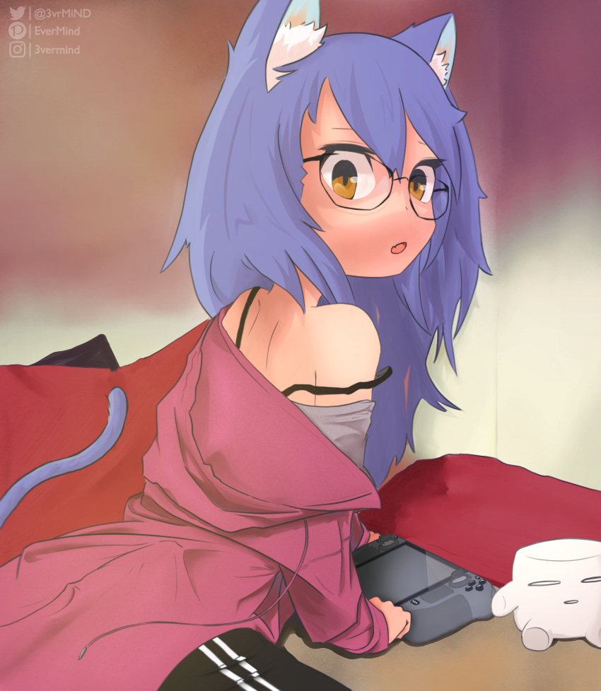 1girl absurdres animal_ear_fluff animal_ears bare_shoulders cat cat_ears cat_girl cat_tail evermind glasses highres long_hair looking_at_viewer looking_back md5_mismatch open_mouth original resolution_mismatch simple_background solo source_smaller steam_deck tail tail_raised transparent_background