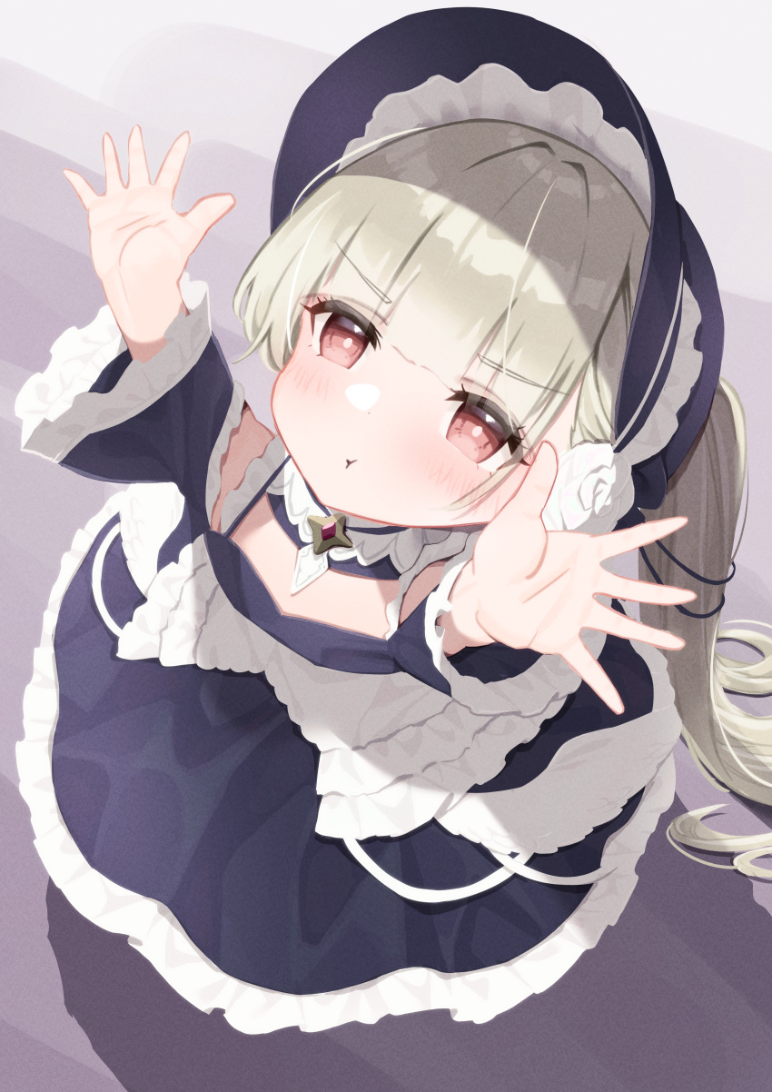 1girl :t absurdres alternate_costume azur_lane black_dress black_headwear blunt_bangs classic_(zildjian33) dress enmaided from_above gradient_background grey_hair highres incoming_hug little_formidable_(azur_lane) loli maid pout red_eyes twintails