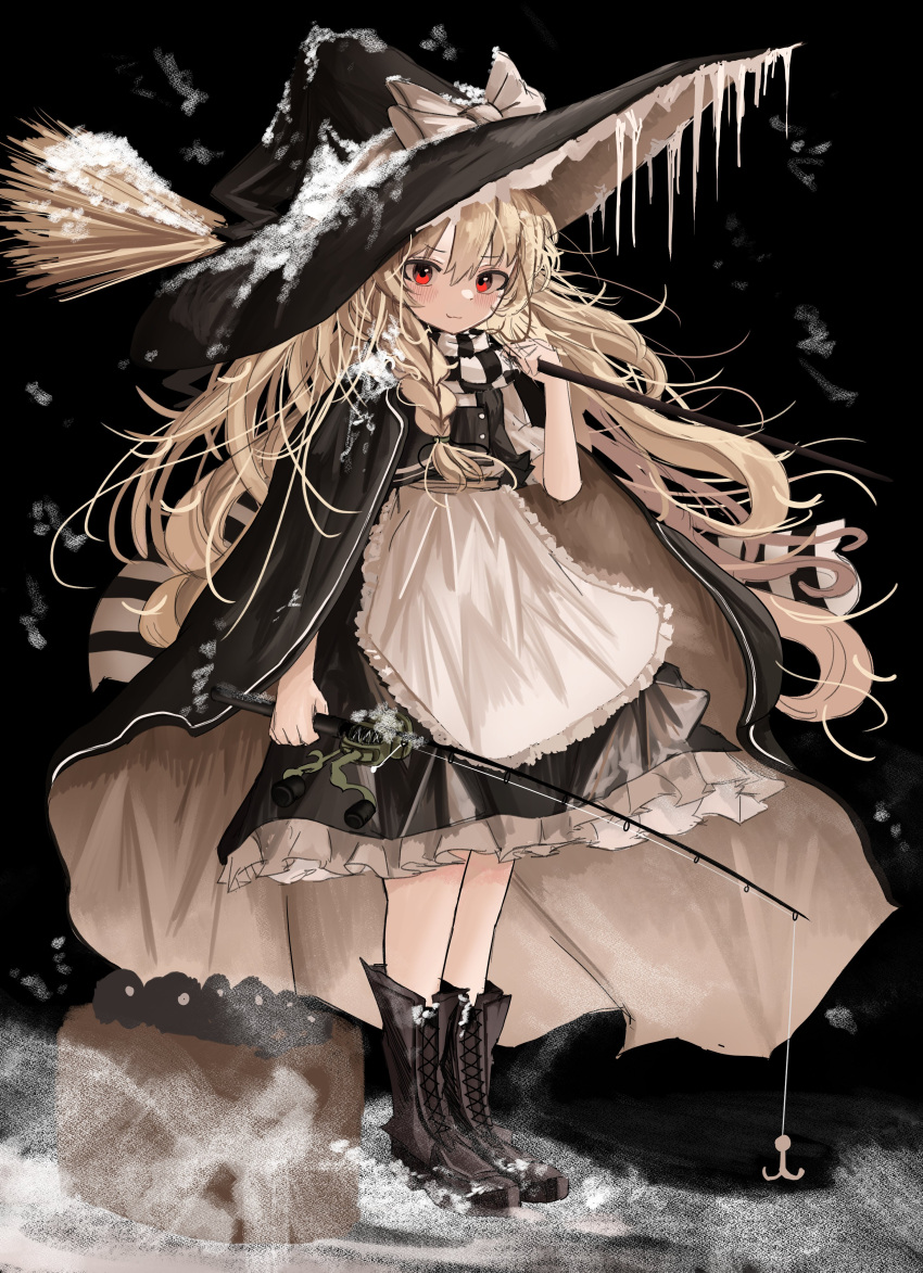 1girl absurdres apron black_cape black_dress black_footwear black_headwear blonde_hair boots bow braid cape closed_mouth cross-laced_footwear dress fishing_rod frilled_dress frills hair_between_eyes hat hat_bow highres holding holding_fishing_rod kirisame_marisa long_hair ougiikun red_eyes single_braid smile solo touhou white_apron white_bow witch_hat