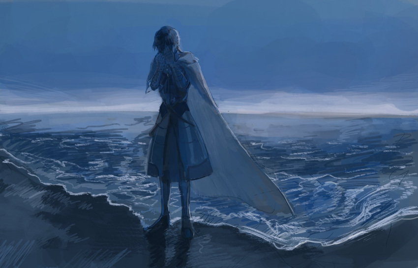 1boy 31tamagokake580 armor armored_boots beach bedivere_(fate) blue_theme boots cape covering_face fate/grand_order fate_(series) faulds full_body gauntlets hair_between_eyes hair_tubes highres long_hair male_focus ocean prosthesis prosthetic_arm single_gauntlet solo standing tears tunic white_cape white_hair