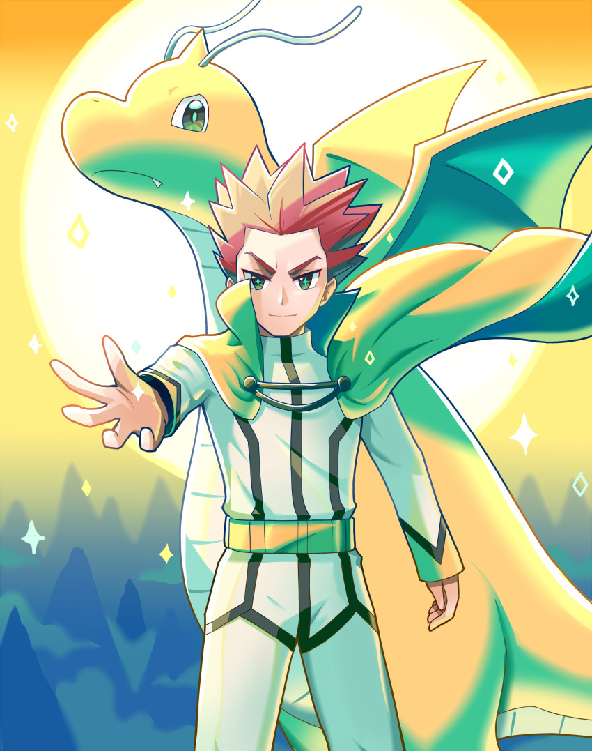 +_+ 1boy absurdres alternate_color belt cape closed_mouth commentary_request dragonite ffccll floating_cape highres jacket leon_(pokemon) looking_at_viewer male_focus outstretched_hand pants pokemon pokemon_(creature) pokemon_(game) pokemon_masters_ex redhead short_hair smile sparkle spiky_hair spread_fingers yellow_belt yellow_cape