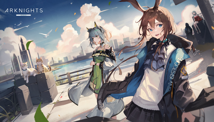 1other 3girls absurdres amiya_(arknights) animal_ears arknights ascot bare_shoulders bird black_jacket black_skirt blue_choker blue_eyes blue_sky brown_hair cat chinese_commentary choker clouds cloudy_sky commentary_request copyright_name day doctor_(arknights) dress green_dress green_eyes grey_hair hair_between_eyes hand_up highres jacket kal'tsit_(arknights) long_hair long_sleeves looking_afar looking_at_viewer multiple_girls open_clothes open_jacket open_mouth outdoors pleated_skirt rabbit_ears red_dress shirt short_hair skadi_(arknights) skadi_the_corrupting_heart_(arknights) skirt sky smile standing szh--- teeth upper_body watch watch white_shirt