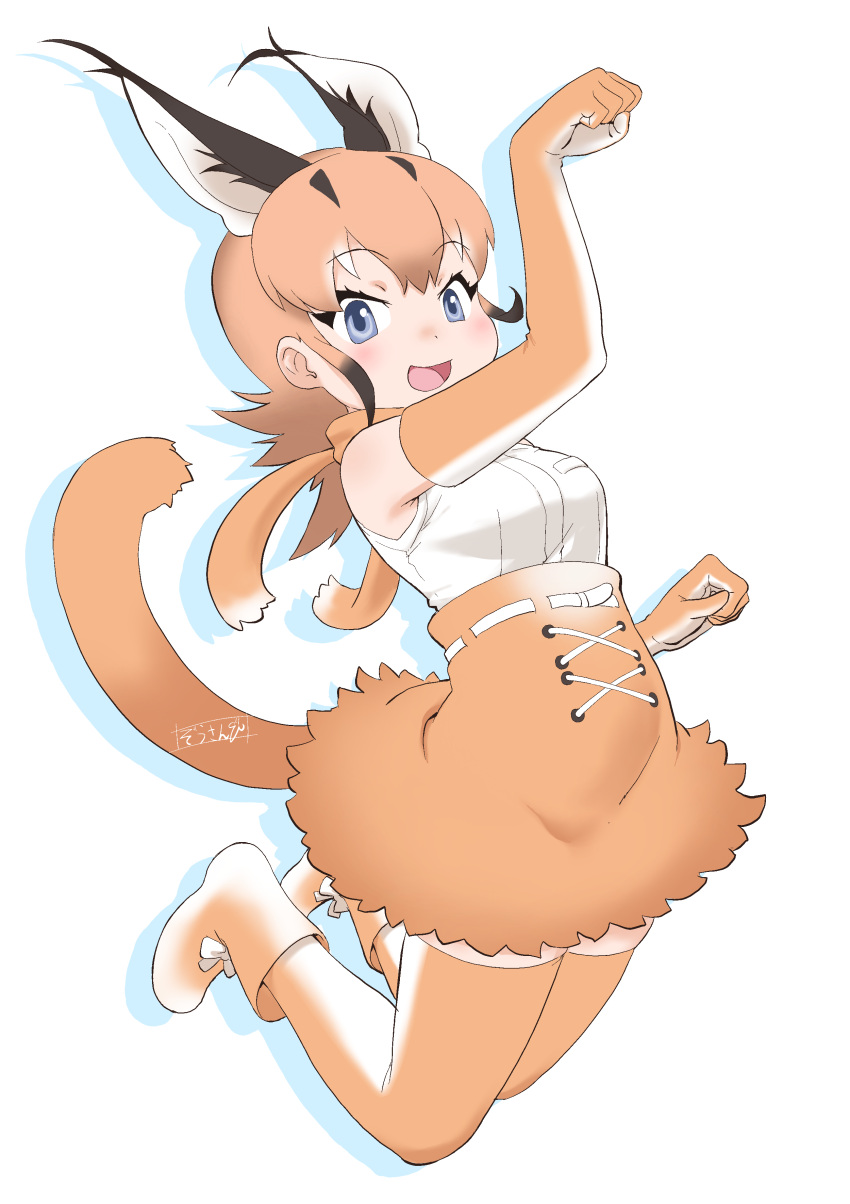 1girl :d absurdres animal_ear_fluff arm_up bare_shoulders black_hair blue_eyes boots caracal_(kemono_friends) commentary elbow_gloves extra_ears full_body gloves gradient_hair highres jumping kemono_friends light_blush looking_at_viewer masuyama_ryou multicolored_hair open_mouth orange_gloves orange_hair orange_skirt orange_thighhighs paw_pose shirt simple_background skirt sleeveless sleeveless_shirt smile solo tail thigh-highs white_background white_shirt zettai_ryouiki