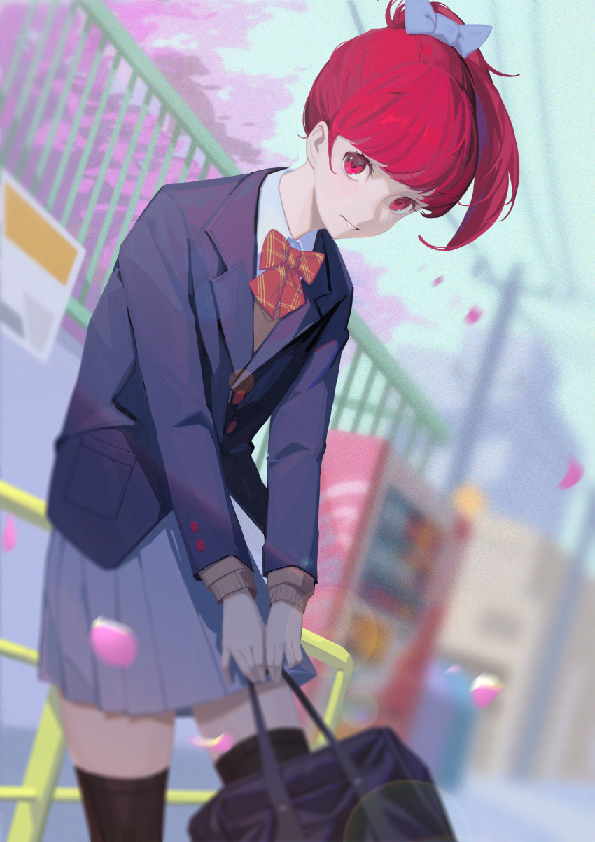 1girl aash4i absurdres bag black_jacket black_thighhighs blazer bow bowtie cherry_blossoms day grey_shirt highres holding holding_bag jacket lens_flare long_hair long_sleeves looking_at_viewer outdoors parted_lips persona persona_5 pink_eyes red_bow red_bowtie redhead school_uniform shirt short_ponytail solo spring_(season) thigh-highs yoshizawa_kasumi zettai_ryouiki