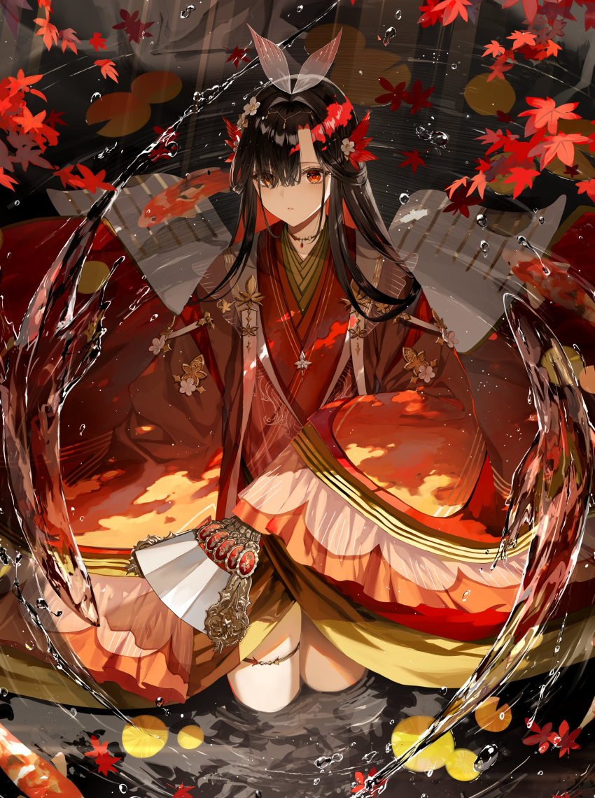 1girl absurdres autumn_leaves black_hair carp colored_inner_hair commentary_request falling_leaves flower folding_fan from_above gold_choker hair_flower hair_ornament hair_over_one_eye hand_fan highres holding holding_fan japanese_clothes kimono kuga_huna layered_clothes layered_kimono leaf lily_pad multicolored_hair original parted_lips red_eyes red_kimono redhead solo standing thighs very_long_sleeves wading wide_sleeves