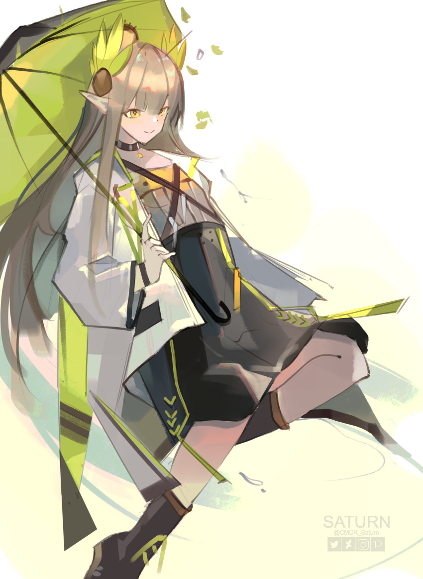 1girl absurdres arknights artist_name black_choker black_wristband boots brown_hair choker cmdr_saturn coat full_body green_umbrella highres holding holding_umbrella laurel_crown laurels long_hair long_sleeves muelsyse_(arknights) open_clothes open_coat orange_eyes pointy_ears smile solo umbrella watermark white_coat
