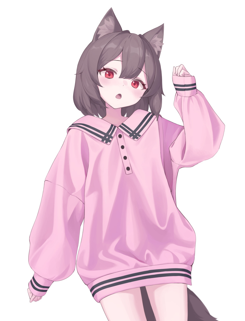 1girl :o absurdres animal_ear_fluff animal_ears brown_hair ellu highres long_sleeves looking_at_viewer no_pants open_mouth original pink_sweater red_eyes short_hair simple_background sleeves_past_wrists sweater tail white_background