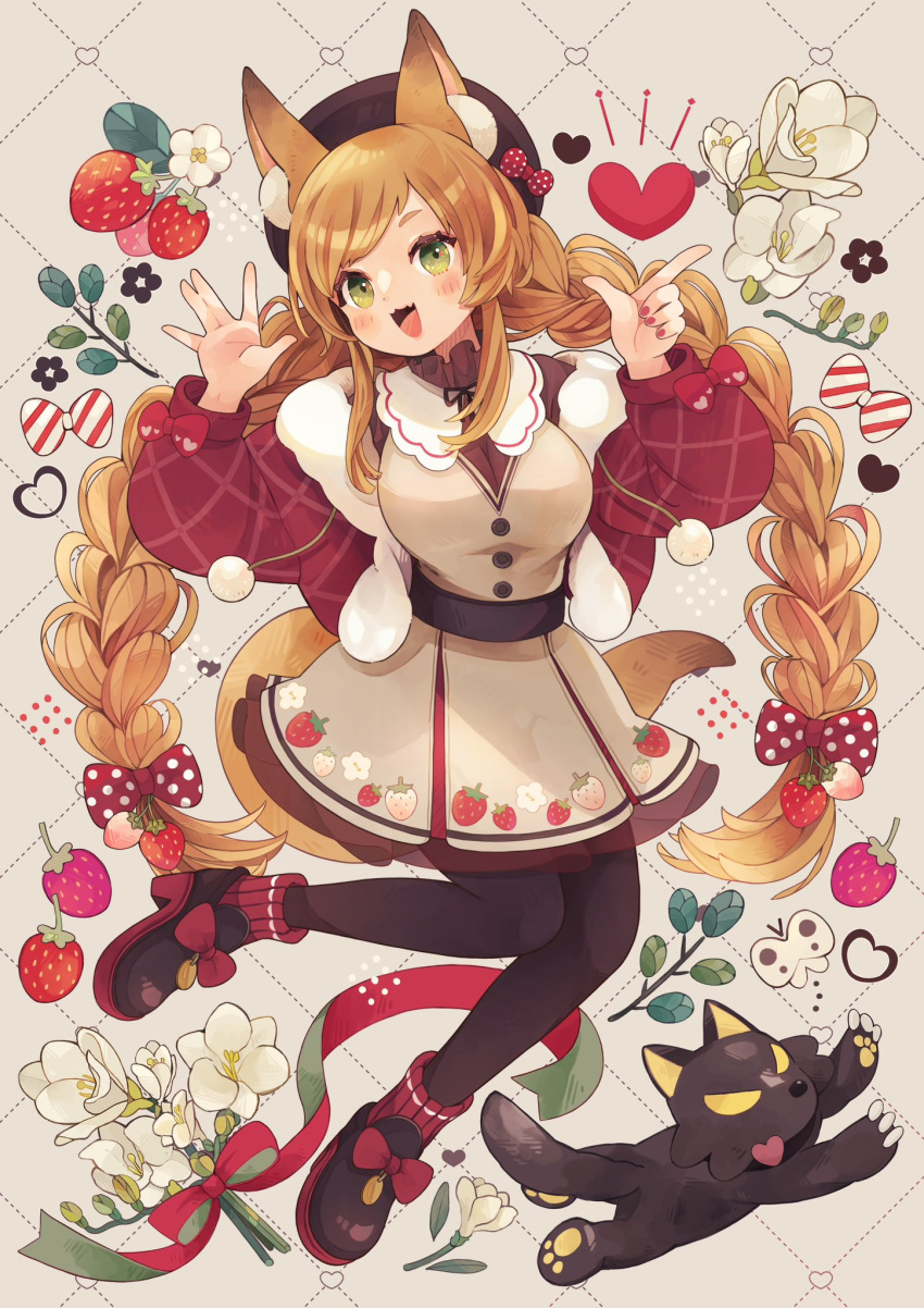 1girl :3 :d animal_ear_fluff animal_ears beret black_footwear black_pantyhose bow braid branch brown_background brown_dress brown_hair brown_headwear buttons capelet commentary_request detached_sleeves dress fangs floral_print flower food food-themed_hair_ornament food_print footwear_bow fox_ears fox_girl fox_tail from_side fruit full_body fur-trimmed_sleeves fur_trim green_eyes hair_bow hair_ornament hands_up hat hat_bow heart highres index_finger_raised knees_together_feet_apart leaf leg_up lily_(flower) long_hair looking_at_viewer nail_polish neck_ribbon open_mouth original pantyhose polka_dot polka_dot_bow pom_pom_(clothes) red_bow red_nails red_socks ribbon shoes sidelocks skin_fangs smile socks solo strawberry strawberry_hair_ornament strawberry_print tabi_0v0 tail twin_braids white_capelet white_flower wolf