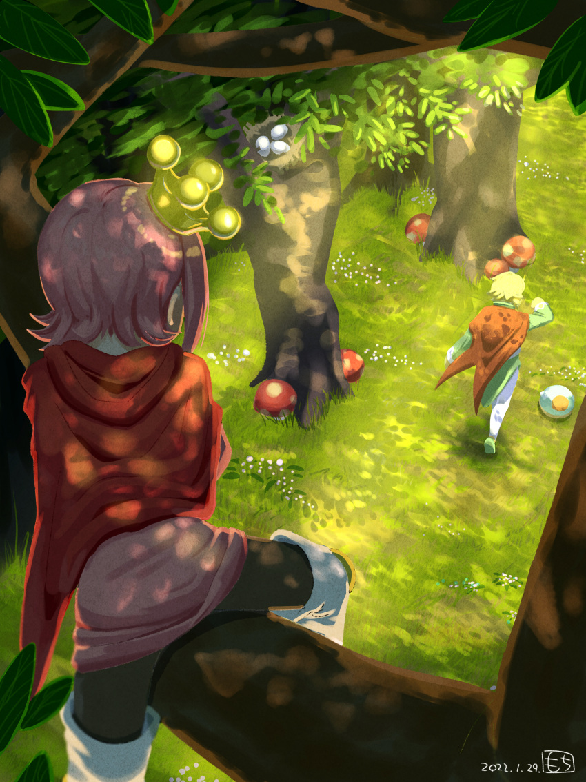2boys absurdres bird_nest blonde_hair cape crown dappled_sunlight dated day egg facing_away forest highres in_tree motimoti_mgmg multiple_boys mushroom nature ocean_prince otomo_(puyopuyo) outdoors pants pink_hair puyopuyo puyopuyo_quest red_cape short_hair sunlight tilted_headwear tree white_pants