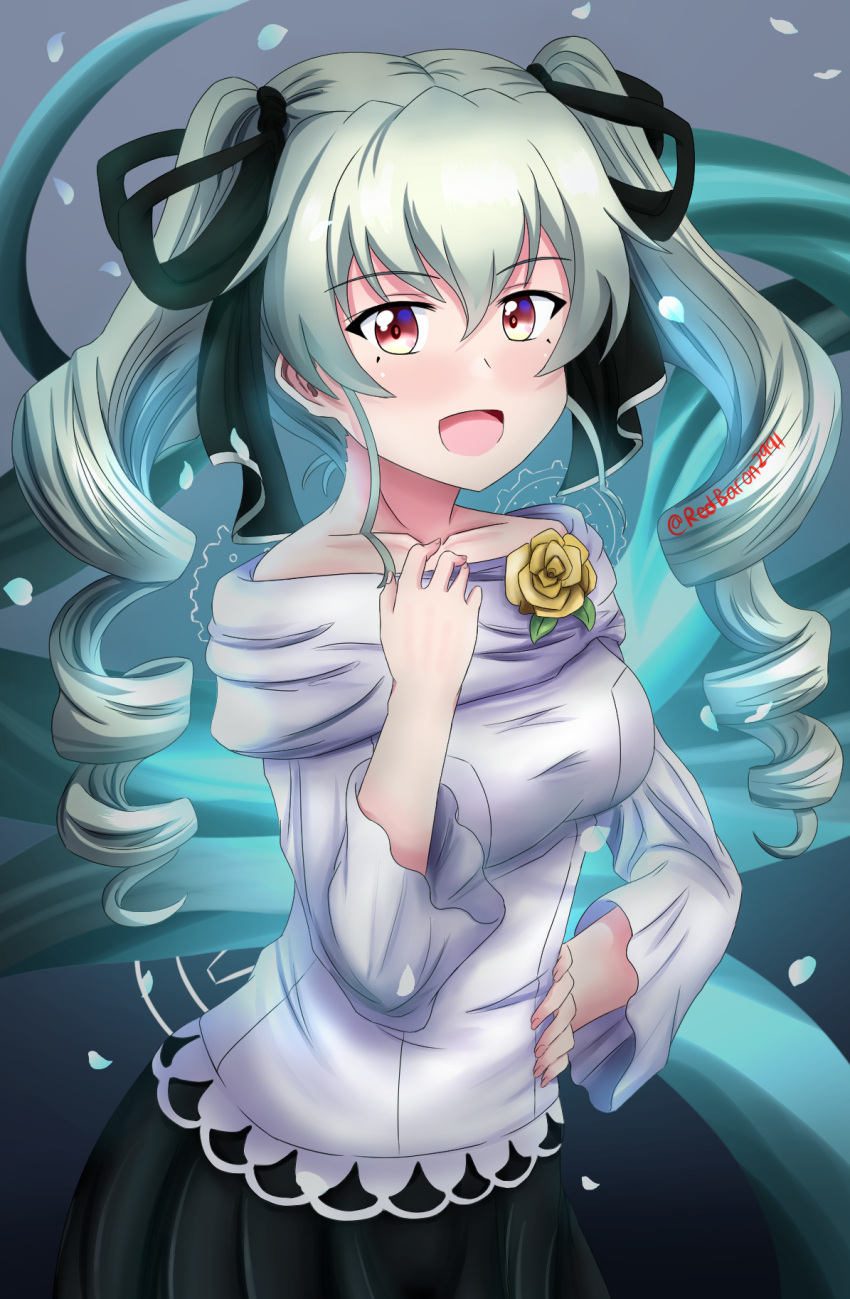 anchovy_(girls_und_panzer) barefoot black_ribbon black_skirt blouse commentary corsage cowboy_shot drill_hair flower girls_und_panzer green_hair grey_shirt hair_ribbon hand_on_own_hip highres long_hair long_sleeves off-shoulder_shirt off_shoulder open_mouth petals pleated_skirt red_eyes redbaron ribbon shirt skirt smile twin_drills twintails twitter_username yellow_flower