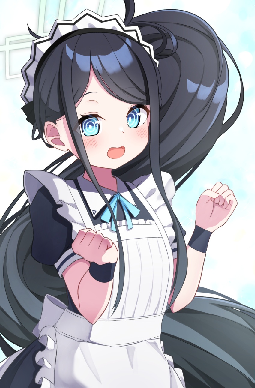 1girl apron aris_(blue_archive) aris_(maid)_(blue_archive) black_dress black_hair blue_archive blue_eyes blue_ribbon blush clenched_hands collared_dress commentary_request dress frilled_apron frills halo hands_up highres long_hair looking_at_viewer maid maid_apron maid_headdress neck_ribbon nenosame official_alternate_costume open_mouth puffy_short_sleeves puffy_sleeves ribbon ringed_eyes short_sleeves side_ponytail simple_background solo swept_bangs very_long_hair white_apron white_background