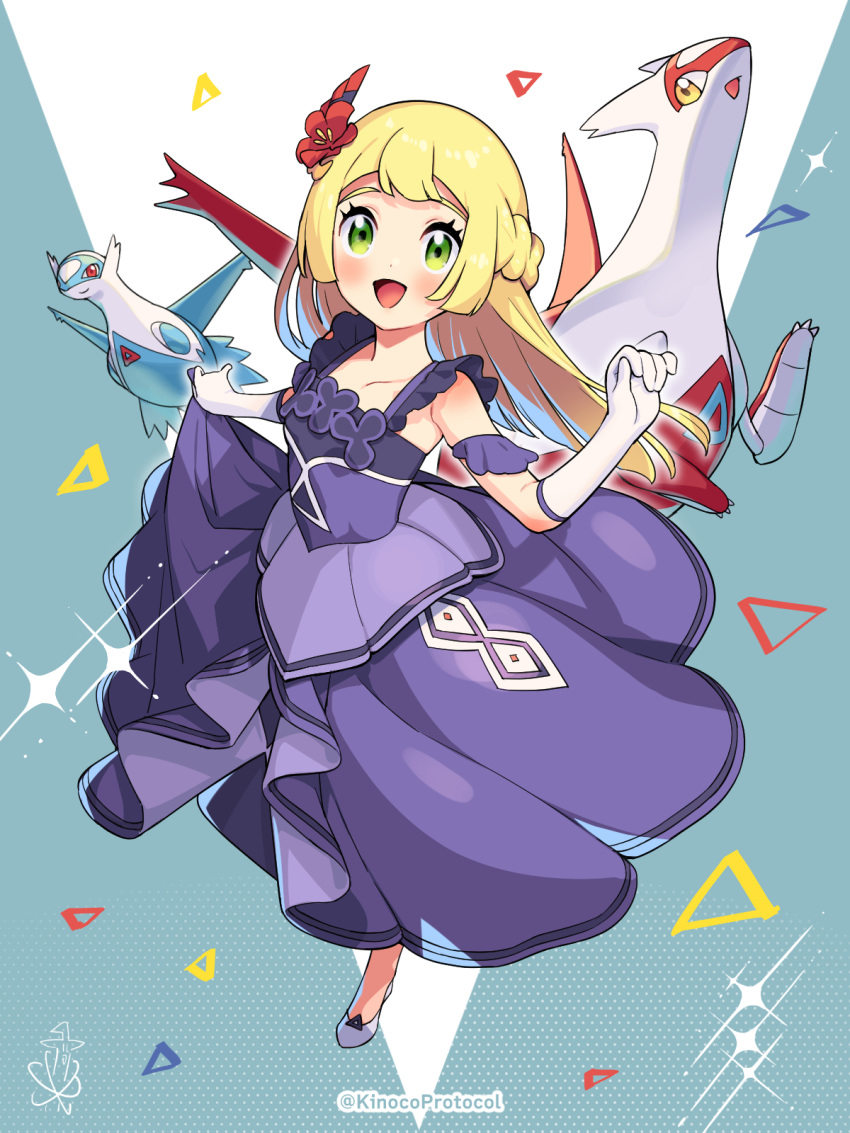 1girl :d blonde_hair blush braid collarbone commentary_request cosplay dress eyelashes flower gloves green_eyes hair_flower hair_ornament happy highres kinocopro latias latios lillie_(pokemon) long_hair looking_at_viewer may_(anniversary_2022)_(pokemon) may_(pokemon) may_(pokemon)_(cosplay) open_mouth pokemon pokemon_(creature) pokemon_(game) pokemon_masters_ex pokemon_sm purple_dress red_flower shoes smile tongue twitter_username watermark white_gloves