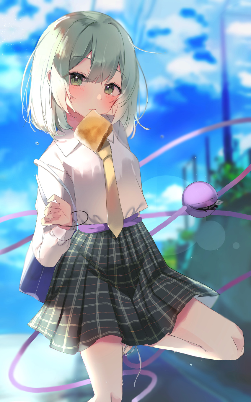 1girl absurdres alternate_costume black_hair black_skirt blue_sky blurry blurry_background blush breasts clouds collared_shirt commentary_request double-parted_bangs expressionless eyes_visible_through_hair food food_in_mouth green_eyes grey_hair hair_between_eyes head_tilt highres komeiji_koishi lens_flare long_sleeves looking_at_viewer medium_hair mouth_hold necktie no_headwear outdoors pleated_skirt school_uniform shirt skirt sky small_breasts solo standing standing_on_one_leg straight_hair sweat third_eye toast toast_in_mouth touhou uniform white_shirt yellow_necktie yumeno_ruruka