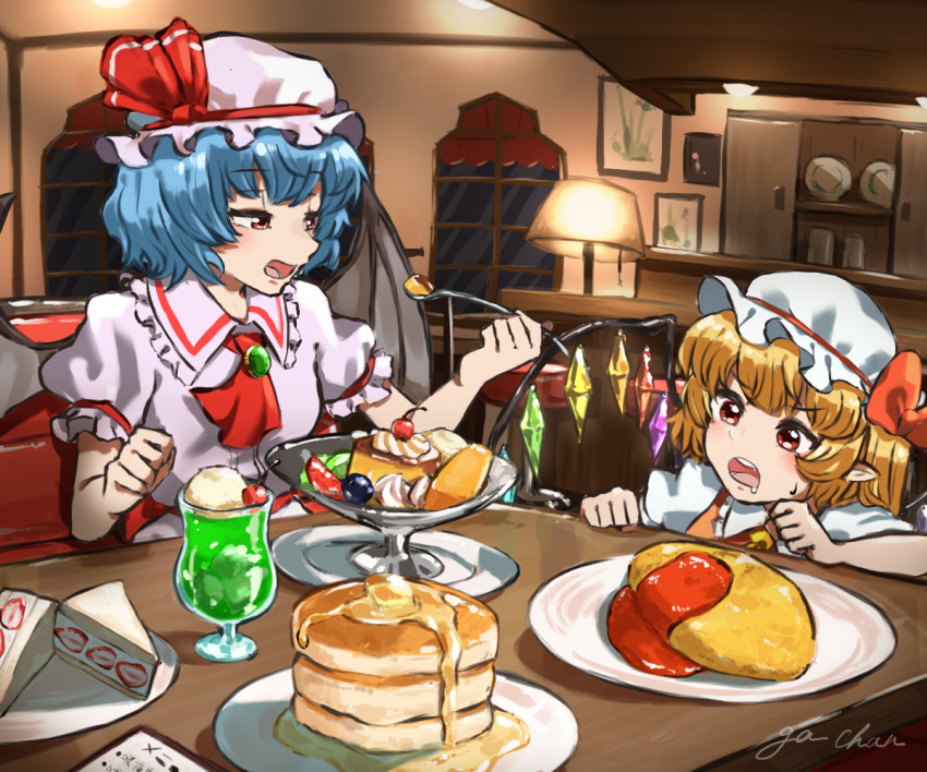 2girls ascot bat_wings blonde_hair blue_hair blush bow breasts brooch cake cake_slice cherry crystal cup drooling flandre_scarlet food frilled_shirt_collar frills fruit ga-chan24 glowing hair_bow half-closed_eyes hat holding holding_spoon indoors jewelry lamp looking_at_another mob_cap multiple_girls night open_mouth pancake pancake_stack pointy_ears pudding puffy_short_sleeves puffy_sleeves red_ascot red_bow red_eyes remilia_scarlet short_hair short_sleeves siblings signature sisters small_breasts spoon strawberry touhou v-shaped_eyebrows window wings yellow_ascot
