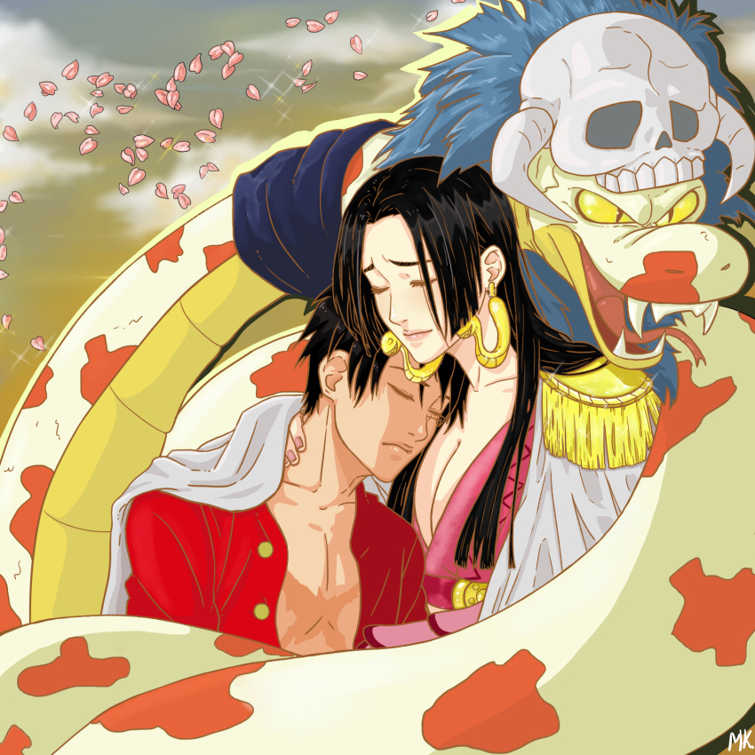 1boy 1girl black_hair boa_hancock chimiso closed_eyes closed_mouth earrings hand_on_another's_neck highres jewelry long_hair monkey_d._luffy one_piece petals salome_(one_piece) short_hair signature sleeping snake snake_earrings