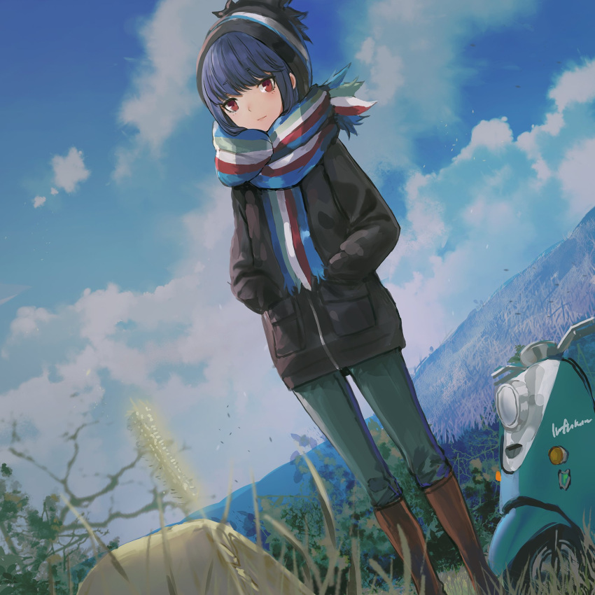 1girl artist_name black_headwear black_jacket blue_hair boots closed_mouth clouds day dutch_angle expressionless grass hands_in_pockets hat highres infukun jacket long_sleeves looking_at_viewer motor_vehicle multicolored_clothes multicolored_scarf outdoors pants red_eyes scarf shima_rin signature solo standing tent yamaha_vino yurucamp