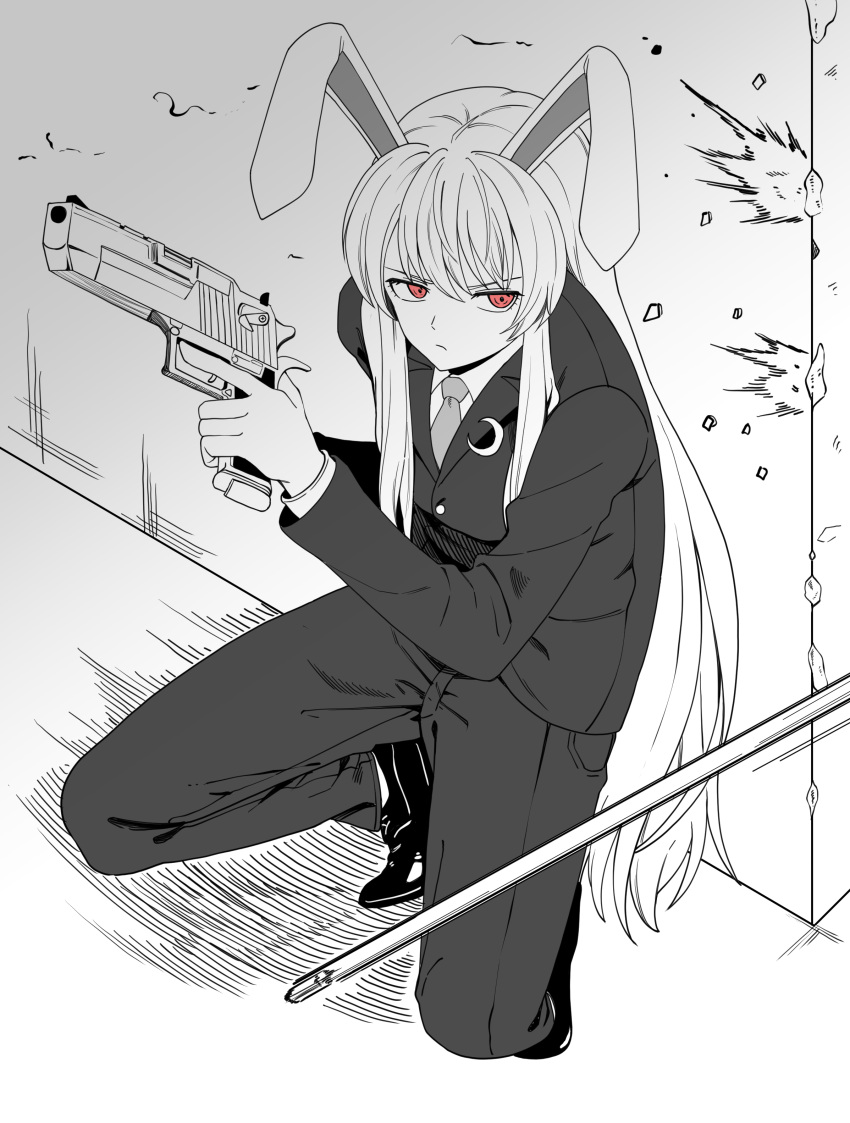1girl absurdres animal_ears blazer bullet closed_mouth collared_shirt commentary crescent crescent_pin ddok frown full_body greyscale gun handgun highres holding holding_gun holding_weapon jacket kneeling long_hair long_sleeves looking_to_the_side monochrome pants rabbit_ears rabbit_girl red_eyes reisen_udongein_inaba shirt shoes solo spot_color touhou trigger_discipline very_long_hair weapon