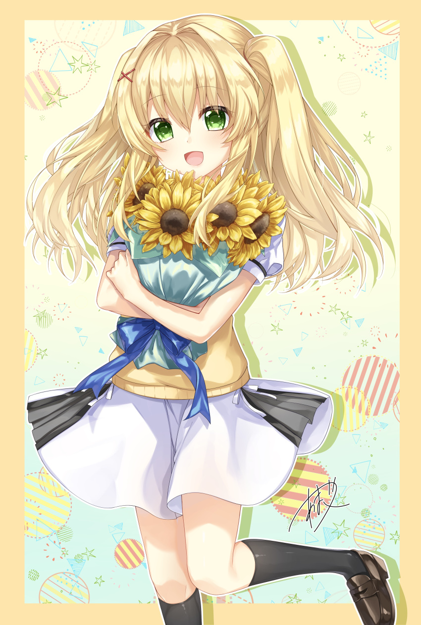 1girl :d absurdres amatsuji black_socks blonde_hair blue_bow blue_ribbon bouquet bow brown_footwear crossed_arms eyelashes eyes_visible_through_hair flower framed green_eyes hair_between_eyes hair_ornament highres holding holding_bouquet kneehighs light_blush loafers long_hair looking_at_viewer miniskirt open_mouth puffy_short_sleeves puffy_sleeves ribbon school_uniform shadow shoes short_sleeves sidelocks signature simple_background skirt smile socks solo standing standing_on_one_leg summer_pockets sunflower sweater_vest tsumugi_wenders two_side_up white_skirt x_hair_ornament yellow_background yellow_sweater_vest