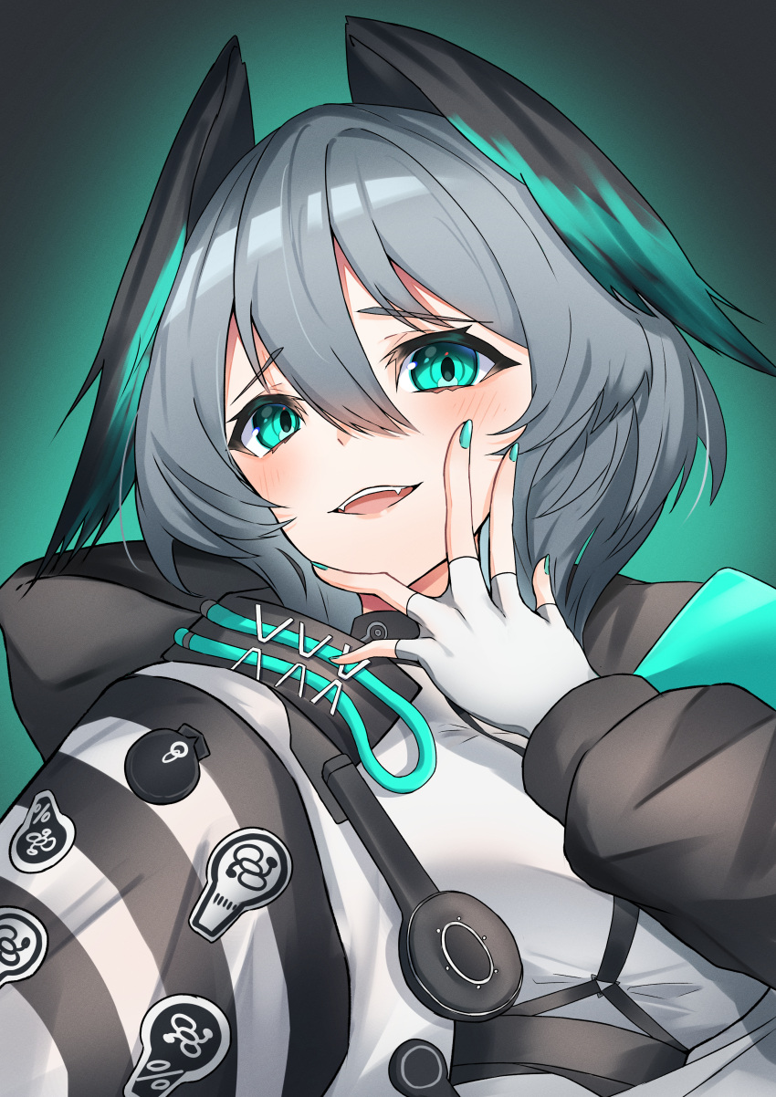 1girl :d absurdres aqua_background aqua_eyes aqua_nails arknights blush breasts dress fangs fingerless_gloves gloves gradient_background grey_hair hand_on_own_face head_wings highres k@bu large_breasts long_sleeves looking_at_viewer nail_polish open_mouth short_hair smile solo upper_body white_dress white_gloves wings