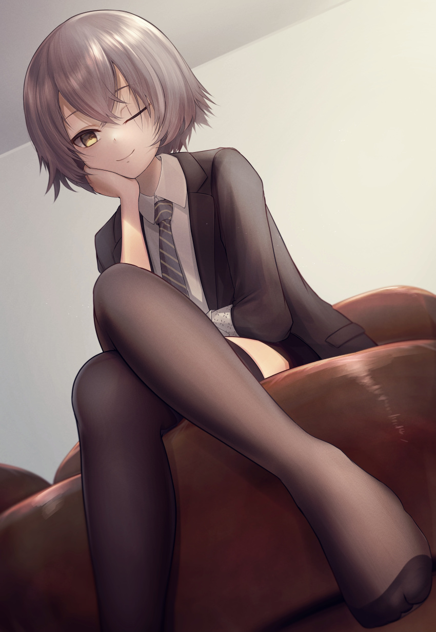 1girl absurdres alternate_hair_length alternate_hairstyle black_necktie brown_eyes brown_hair brown_jacket brown_pantyhose closed_mouth collared_shirt couch crossed_legs girls_frontline guchagucha hand_on_own_cheek hand_on_own_face highres indoors jacket long_sleeves looking_at_viewer necktie no_shoes one_eye_closed pantyhose scar scar_across_eye shirt short_hair sitting smile solo ump45_(girls'_frontline) white_shirt