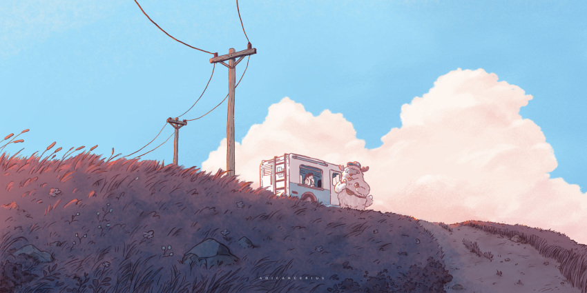 1girl aoicancerius artist_name blue_headwear blue_sky clouds day dual_wielding english_text food_truck grass highres holding ice_cream_cone ladder landscape motor_vehicle original power_lines scenery sky summer van yeti_(creature)