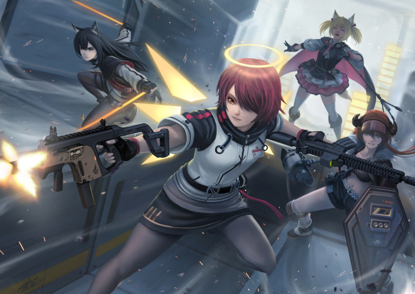 4girls animal_ears arknights assault_rifle black_cape black_dress black_footwear black_gloves black_hair black_pantyhose black_shorts black_skirt black_sports_bra blonde_hair boots cape croissant_(arknights) dress dual_persona english_commentary exusiai_(arknights) fingerless_gloves firing frilled_skirt frills fur-trimmed_jacket fur_trim gloves glowing glowing_sword glowing_weapon gun h&amp;k_hk416 hair_over_one_eye halo hammer highres holding holding_gun holding_hammer holding_microphone_stand holding_sword holding_weapon horns id_card jacket knee_boots knee_pads kriss_vector long_hair long_sleeves microphone_stand midriff multiple_girls music navel okita open_mouth orange_eyes orange_hair pantyhose pink_skirt ponytail red_eyes redhead rifle shell_casing shield short_hair short_sleeves short_twintails shorts singing skirt sora_(arknights) sports_bra stomach submachine_gun sword tail texas_(arknights) twintails weapon white_sleeves wings wolf_ears wolf_girl wolf_tail yellow_eyes